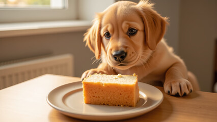Curious puppy gazes at slice of cake on plate, showcasing moment of anticipation and innocence. warm lighting enhances cozy atmosphere