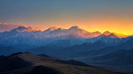 A breathtaking sunset illuminates a majestic mountain range, casting golden hues over the rugged peaks and shadowed valleys below.