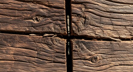 Close-up Macro Texture of Weathered, Cracked Wooden Planks with Deep Grain Patterns
