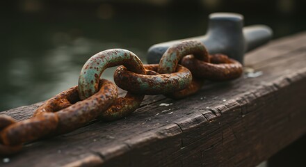 Close-up of a heavily rusted, weathered metal chain secured to a weathered wooden dock with a bollard in the background.