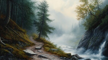 Fog blankets a rocky mountain trail beside a narrow river, trees leaning over the bank,
