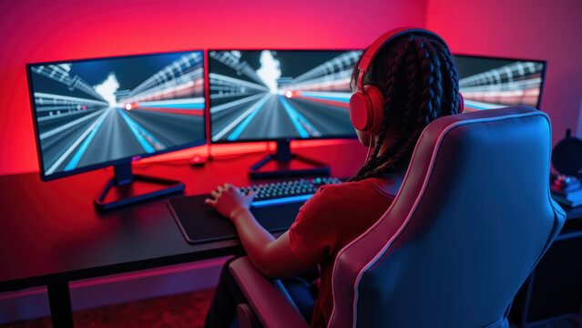 Person sits gaming chair, focused three monitors displaying vibrant graphics gaming setup. room is illuminated with red lighting, creating