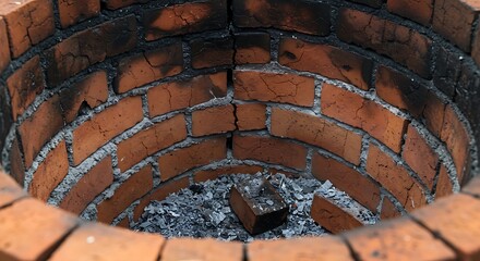 Close-up of Cracked Red Brick Fire Pit Interior with Ash and Debris