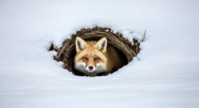 A fox peeking out of a den mouth in winter snow 3