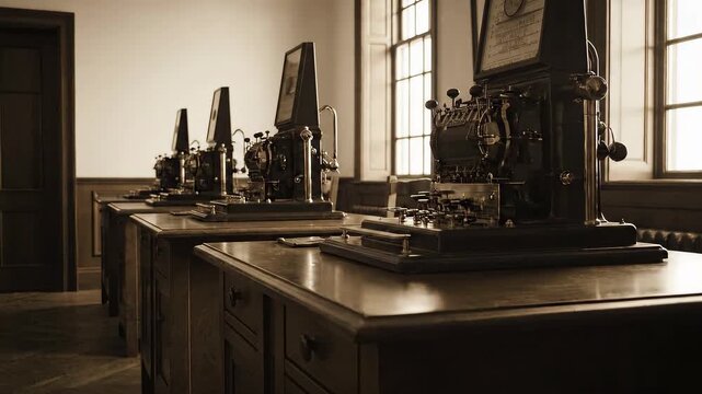 Antique telegraph machines lined up on wooden desks in a sepia-toned room