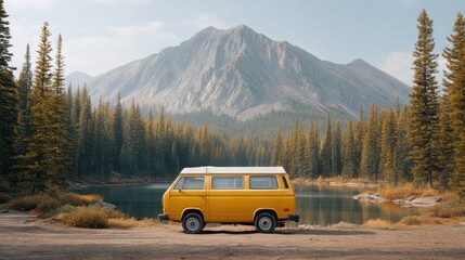 Vintage yellow camper van parked by a serene lake surrounded by lush evergreen trees and majestic mountains under a clear blue sky in a peaceful wilderness setting