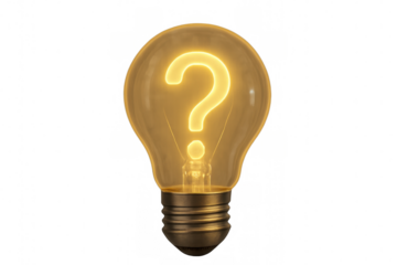 Glowing light bulb illuminating question mark, representing idea, innovation, problem solving, solution, and creativity on transparent background