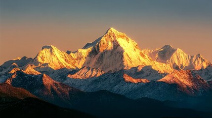 Snow-Capped Mountain Peaks Bathed in Golden Sunset Light