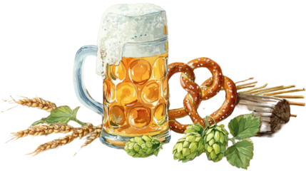 Rustic Oktoberfest wooden glass of beer with fresh green hops foam head and authentic festive brewery drink isolated on white background