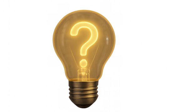 Glowing light bulb illuminating question mark, representing idea, innovation, problem solving, solution, and creativity on transparent background