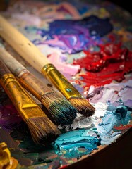 Fototapeta premium Close-up of paintbrushes resting on a wooden palette, vibrant colors of oil paints visible