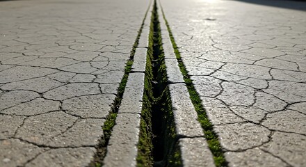 Cracked Pavement with Moss-Filled Crack, Dramatic Perspective, Sunlight.