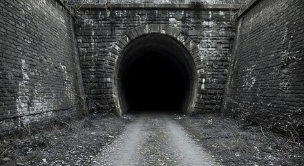 Dark Tunnel's Entrance: Mysterious Brick Archway, Monochrome, Dramatic Perspective.