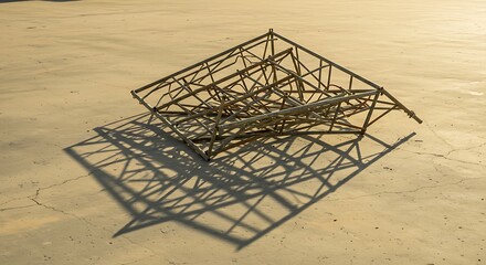 Deconstructed Metal Lattice Structure Casting Geometric Shadows on Cracked Concrete Surface