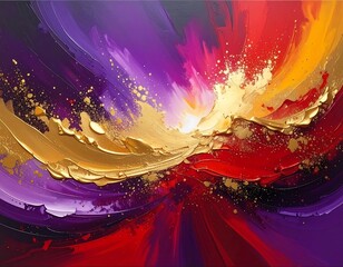 Abstract painting with dynamic strokes of vibrant colors and golden accents