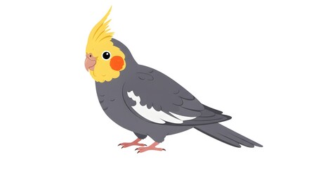 Fototapeta premium Cartoon-style cockatiel with grey body, yellow face and crest, standing, isolated on white