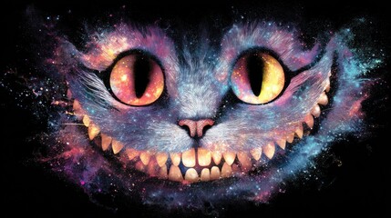 Fantasy cheshire cat face illustration with cosmic colors and smiling expression