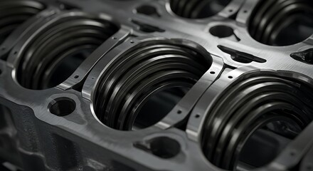 Detailed Close-Up of Engine Block: Precision Engineering, Metallic Texture, Industrial Design.