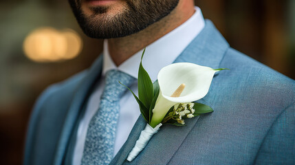 Elegant groom in crisp blue suit adorned with a stunning white calla lily boutonniere, ready for his special day.