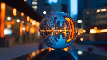 Fototapeta premium Cityscape Reflected in Crystal Ball at Night sphere