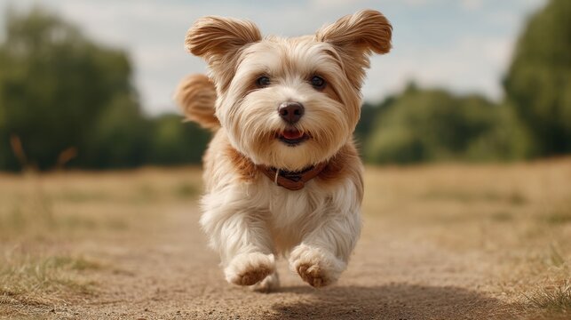 Happy small dog running joyfully on a sunny day in a grassy field with a vibrant background of trees and a clear blue sky