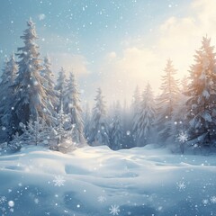 Fototapeta premium Snowfall in winter forest.Beautiful landscape with snow covered fir trees and snowdrifts.Merry Christmas and happy New Year greeting background with copy-space.Winter fairytale