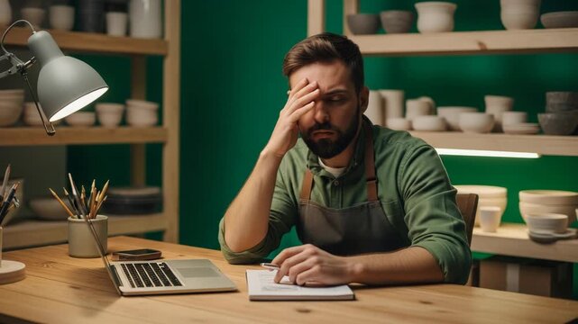 Potter looking stressed at his desk with laptop and supplies