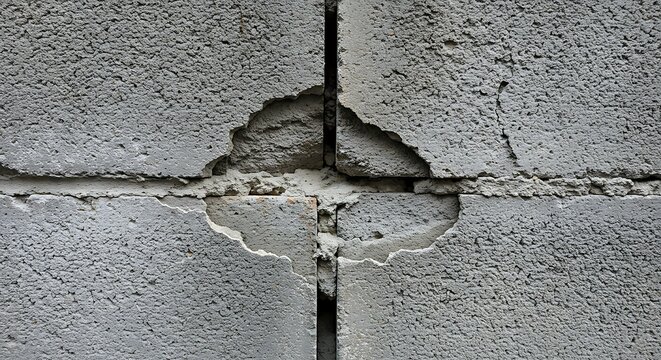Gritty Concrete Block Wall with Deep Cracks and Exposed Rough Interior Texture, Industrial Decay