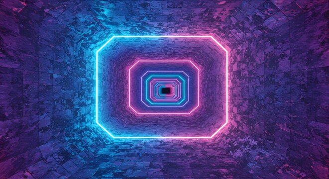 Abstract image of a receding tunnel with glowing neon blue and pink octagonal frames on a textured dark blue background.
