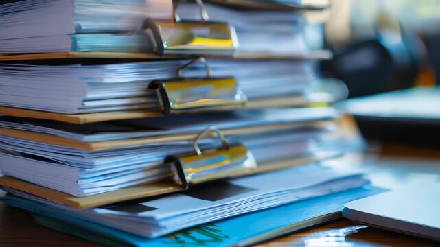 A close-up view of stacked office binders filled with paperwork on a wooden desk, including folders and a laptop, suitable for business-related themes.