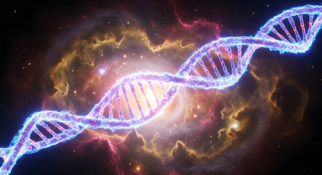 Abstract representation of a glowing DNA double helix structure with cosmic nebula in the background, digital art