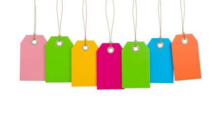 Colorful price tags hanging on strings isolated on transparent background