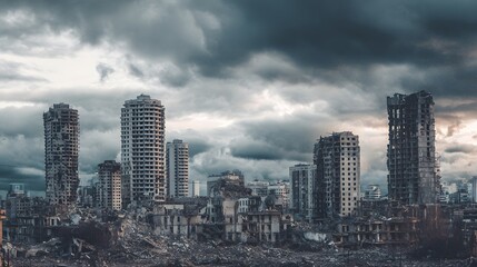 Ruined city skyline under stormy, dramatic skies presents devastation.