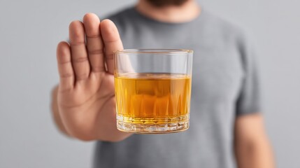 Man in gray shirt holding glass of whiskey with hand raised in stop gesture against a neutral background signifying refusal or moderation in drinking habits