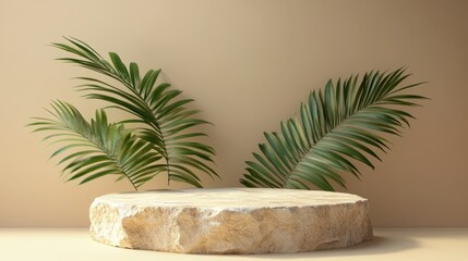 Stone podium with palm leaves, beige background, product display
