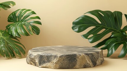 Stone podium with tropical leaves, beige background, product display