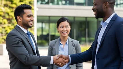Global Business Synergy: Two smiling businessmen from diverse backgrounds shake hands outdoors, celebrating a successful partnership witnessed by a female colleague.