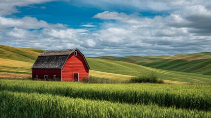 Red barn sits in a lush green field under a dramatic sky.