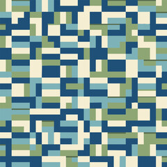 Abstract seamless background with a geometric pattern of blue and green rectangles, creating a modern digital mosaic or pixelated texture