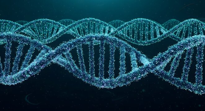 Vibrant glowing DNA helix structures, an abstract scientific visualization of genetic information and biotechnology, symbolizing molecular research and the blueprint of life