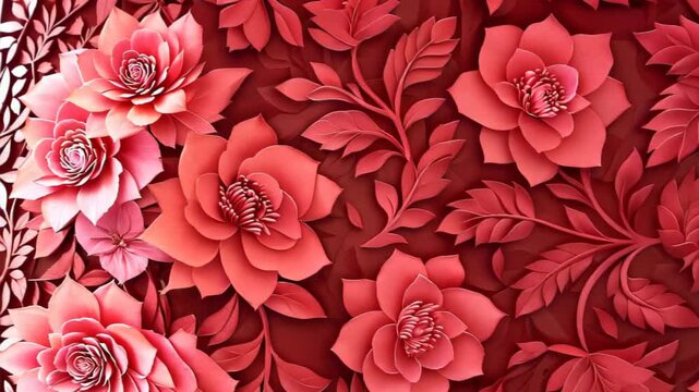 A stunning close-up of an elegant floral pattern featuring vibrant red flowers and lush green leaves on a rich dark background, ideal for decorative projects.