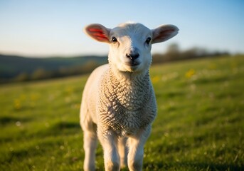 Obraz premium A cute young lamb stands in a vibrant green field under a clear sky, looking directly at the viewer.