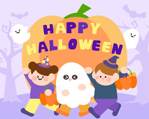 Cute kids in Halloween costumes with big pumpkin