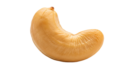 A single cashew nut displayed in close-up, showing its smooth curved shape and natural color, symbolizing freshness and healthy nutrition
