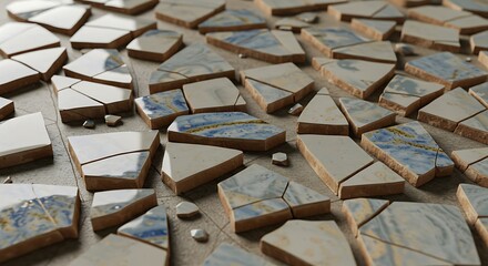 Scattered Ceramic Shards: Abstract Mosaic of Broken Tiles with Blue and Gold Veins
