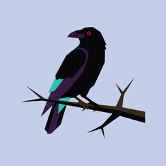 Gothic raven with colorful feathers on a thorny branch, Halloween vector illustration