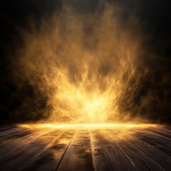 Glowing golden smoke over dark wooden floor, mystical scene, fantasy background, ideal for product display