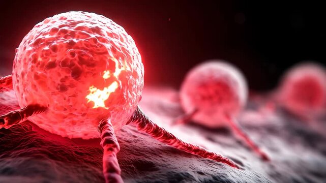 This detailed image showcases red cancer cells with tentacle-like structures, highlighting their unique design and abnormal growth, crucial for medical research.