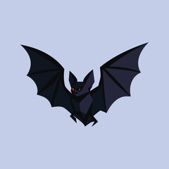 Flying black bat with glowing red eyes, Halloween vector illustration.