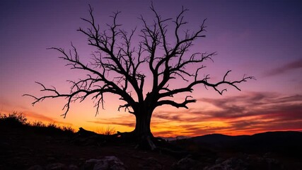 Silhouette of a bare tree against a vibrant sunset sky. - Powered by Adobe